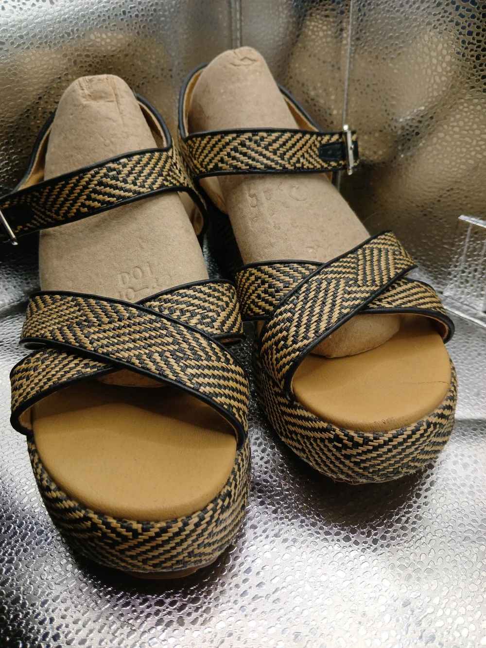Woven Crisscross Platform Sandals in Black and Tan - Women's Summer Wedges